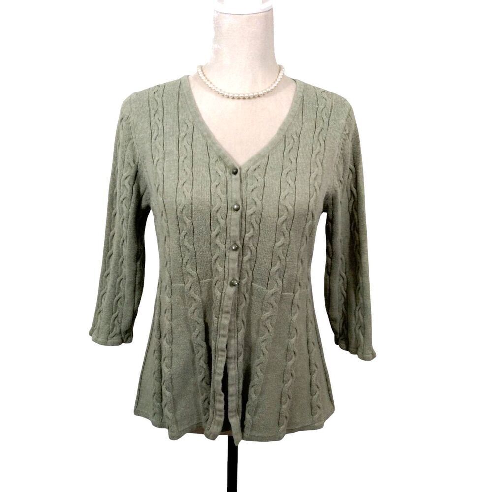 Croft & Barrow Womens Large Cardigan Sweater Green 1/4 Button V Neck 3/4 Sleeve - Picture 2 of 9